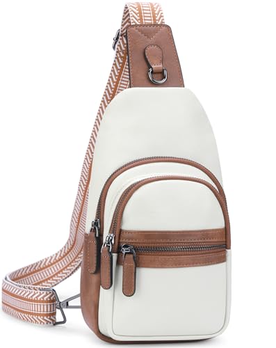 Sling Bag Anti Theft Small Crossbody Bag Leather Fanny Pack in White With Brown